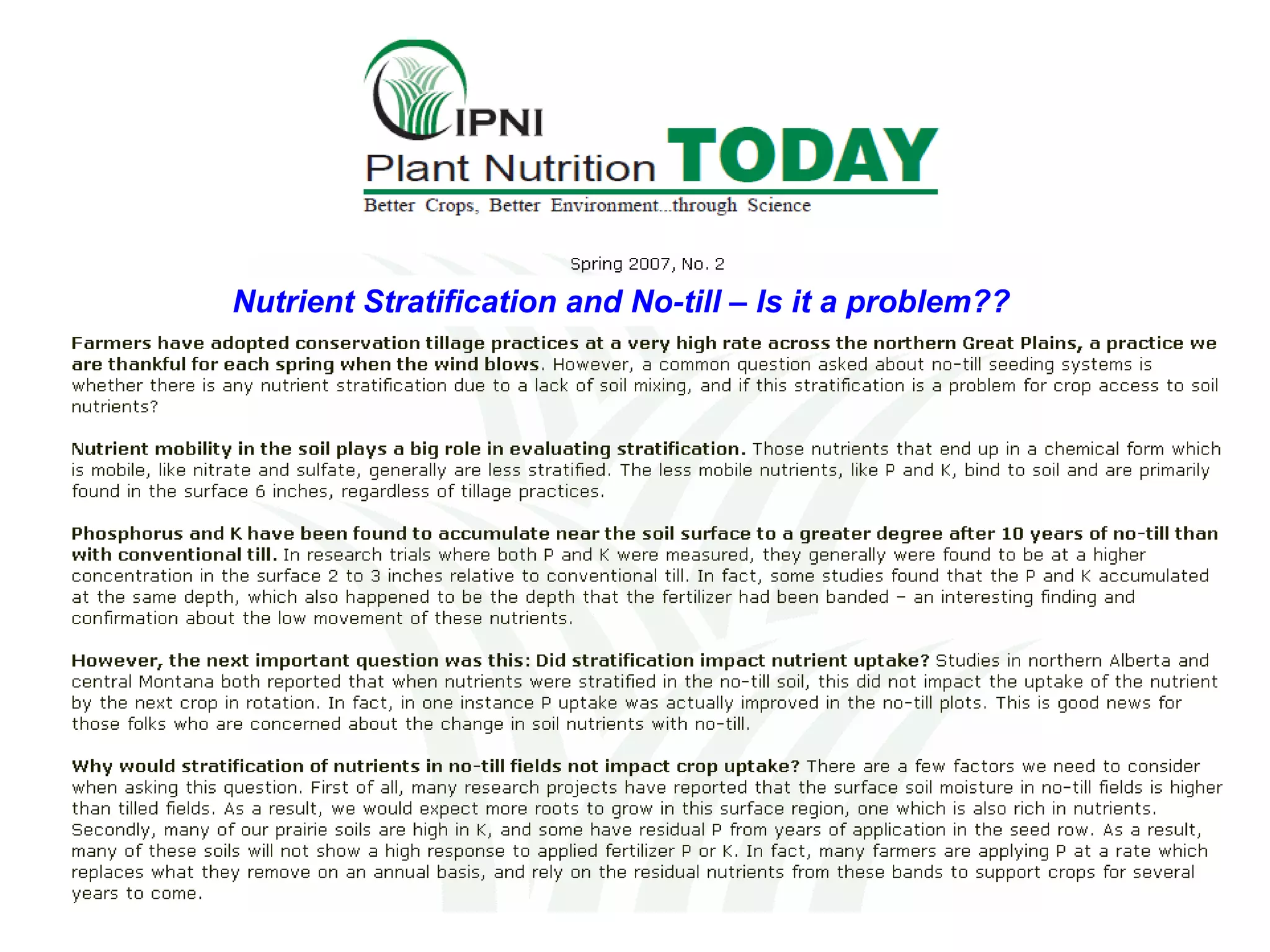 Nutrient Stratification and No-till – Is it a problem??
 