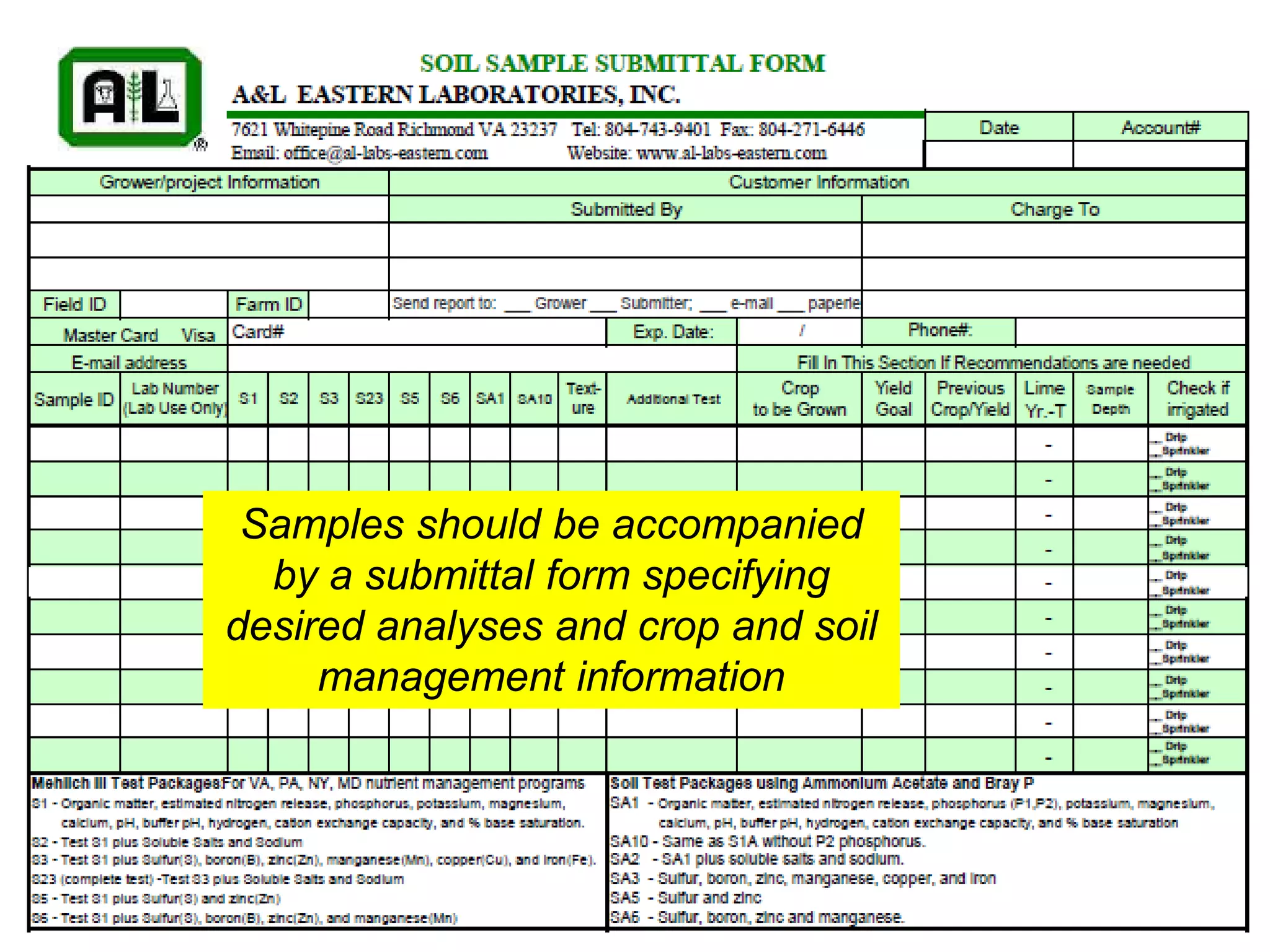 Samples should be accompanied
  by a submittal form specifying
desired analyses and crop and soil
     management information
 