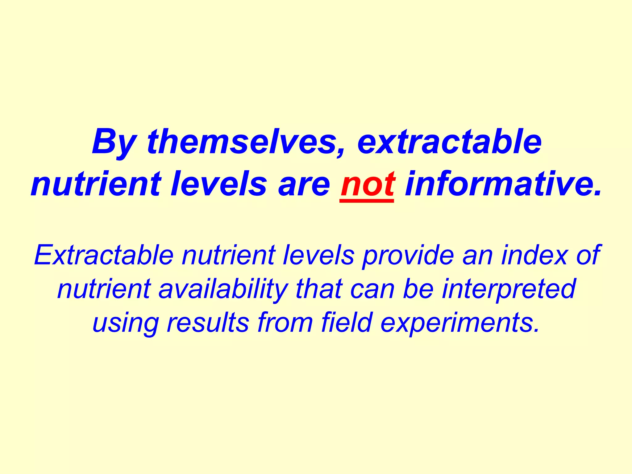 By themselves, extractable
nutrient levels are not informative.
Extractable nutrient levels provide an index of
 nutrient availability that can be interpreted
     using results from field experiments.
 