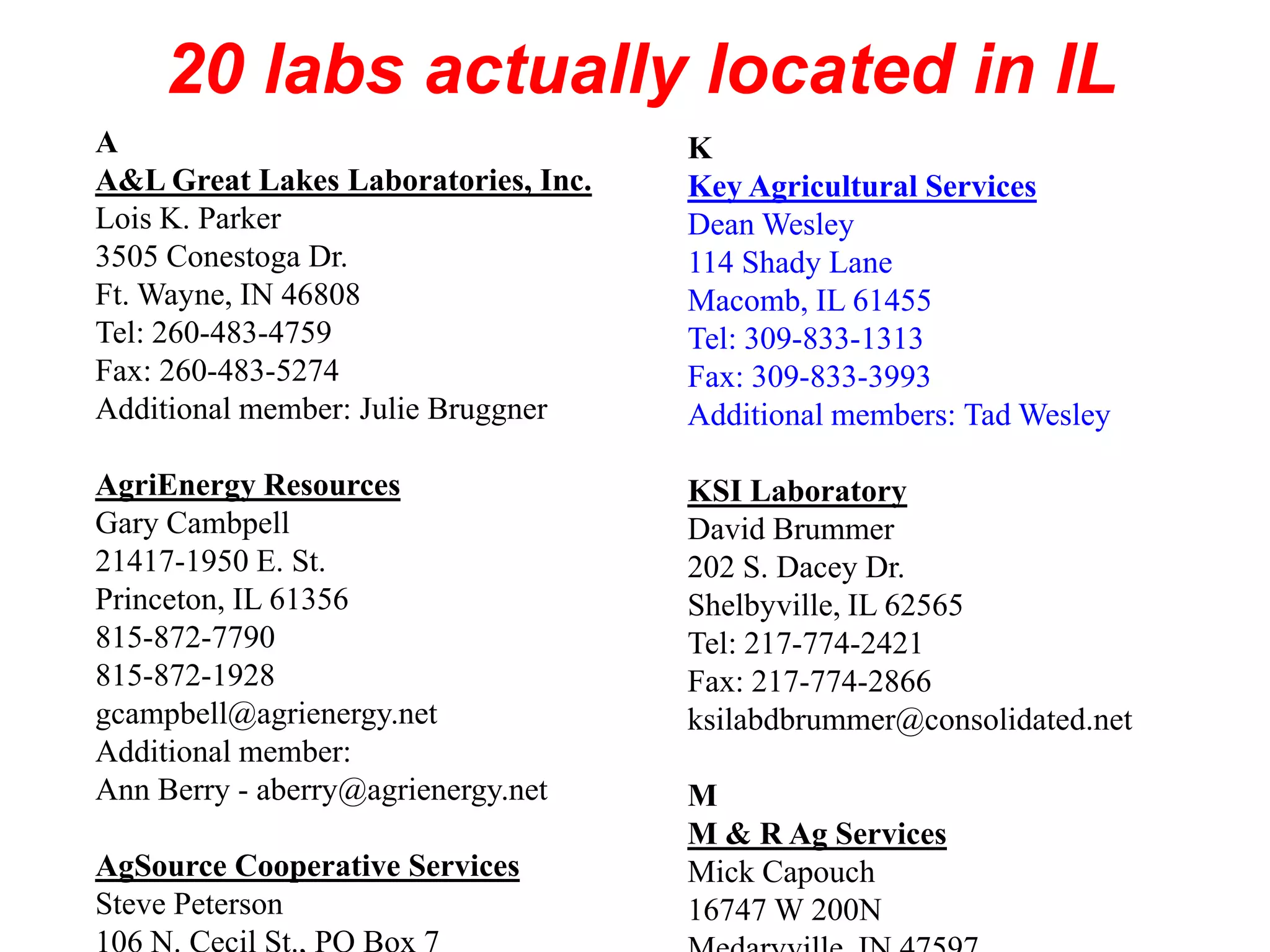 20 labs actually29 member labsIL 2008
                      located in in
2008 ISTA Members (alphabetical)

A                                    K
A&L Great Lakes Laboratories, Inc.   Key Agricultural Services
Lois K. Parker                       Dean Wesley
3505 Conestoga Dr.                   114 Shady Lane
Ft. Wayne, IN 46808                  Macomb, IL 61455
Tel: 260-483-4759                    Tel: 309-833-1313
Fax: 260-483-5274                    Fax: 309-833-3993
Additional member: Julie Bruggner    Additional members: Tad Wesley

AgriEnergy Resources                 KSI Laboratory
Gary Cambpell                        David Brummer
21417-1950 E. St.                    202 S. Dacey Dr.
Princeton, IL 61356                  Shelbyville, IL 62565
815-872-7790                         Tel: 217-774-2421
815-872-1928                         Fax: 217-774-2866
gcampbell@agrienergy.net             ksilabdbrummer@consolidated.net
Additional member:
Ann Berry - aberry@agrienergy.net    M
                                     M & R Ag Services
AgSource Cooperative Services        Mick Capouch
Steve Peterson                       16747 W 200N
106 N. Cecil St., PO Box 7
 
