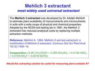 Mehlich 3 extractant
         most widely used universal extractant

  The Mehlich 3 extractant was developed by Dr. Adolph Mehlich
  to estimate plant availability of macronutrients and micronutrients
  in soils with a wide range of physical and chemical properties.
  Adopted by the NCDA soil testing lab in 1981, the Mehlich 3
  extractant has reduced analytical costs by replacing multiple
  extraction methods.

  Reference: Mehlich A. 1984. Mehlich-3 soil test extractant: a
  modification of Mehlich-2 extractant. Commun Soil Sci Plant Anal
  15(12):1409–16.

  Composition: (0.2N CH3COOH + 0.25N NH4NO3 + 0.013N HNO3
  + 0.015N NH4F + 0.001M EDTA)

Would this extracting solution be useful for measuring plant available N?
 