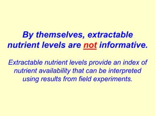 By themselves, extractable
nutrient levels are not informative.
Extractable nutrient levels provide an index of
 nutrient availability that can be interpreted
     using results from field experiments.
 
