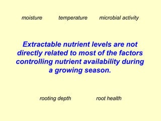moisture      temperature    microbial activity




  Extractable nutrient levels are not
directly related to most of the factors
controlling nutrient availability during
          a growing season.


        rooting depth        root health
 