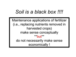 Soil is a black box !!!!
Maintenance applications of fertilizer
(i.e., replacing nutrients removed in
           harvested crops)
       make sense conceptually
                **but**
   do not necessarily make sense
            economically !
 