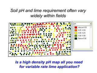 Soil pH and lime requirement often vary
          widely within fields




  Is a high density pH map all you need
     for variable rate lime application?
 