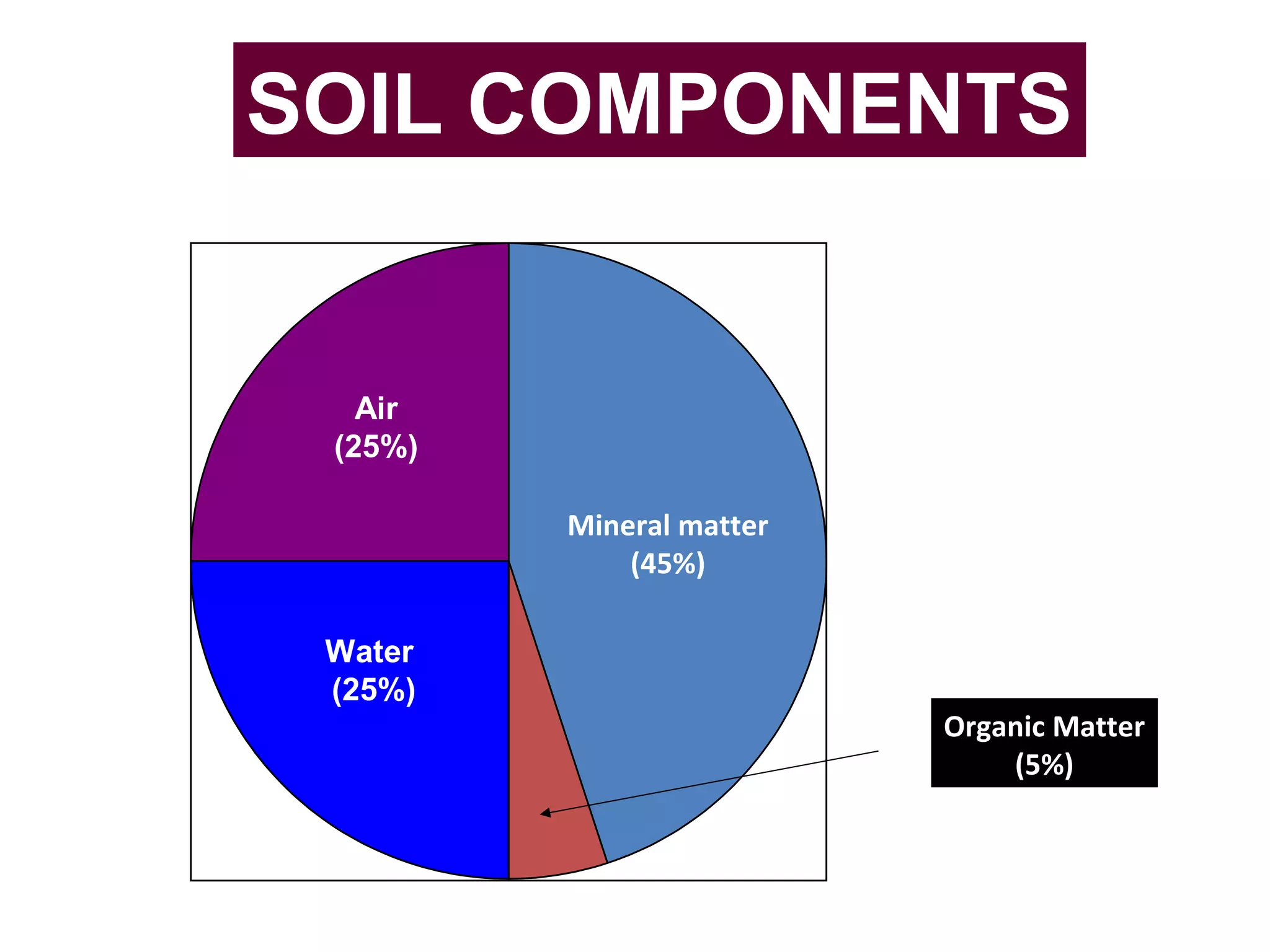 SOIL COMPONENTS
Air
(25%)
Water
(25%)
Mineral matter
(45%)
Organic Matter
(5%)
 