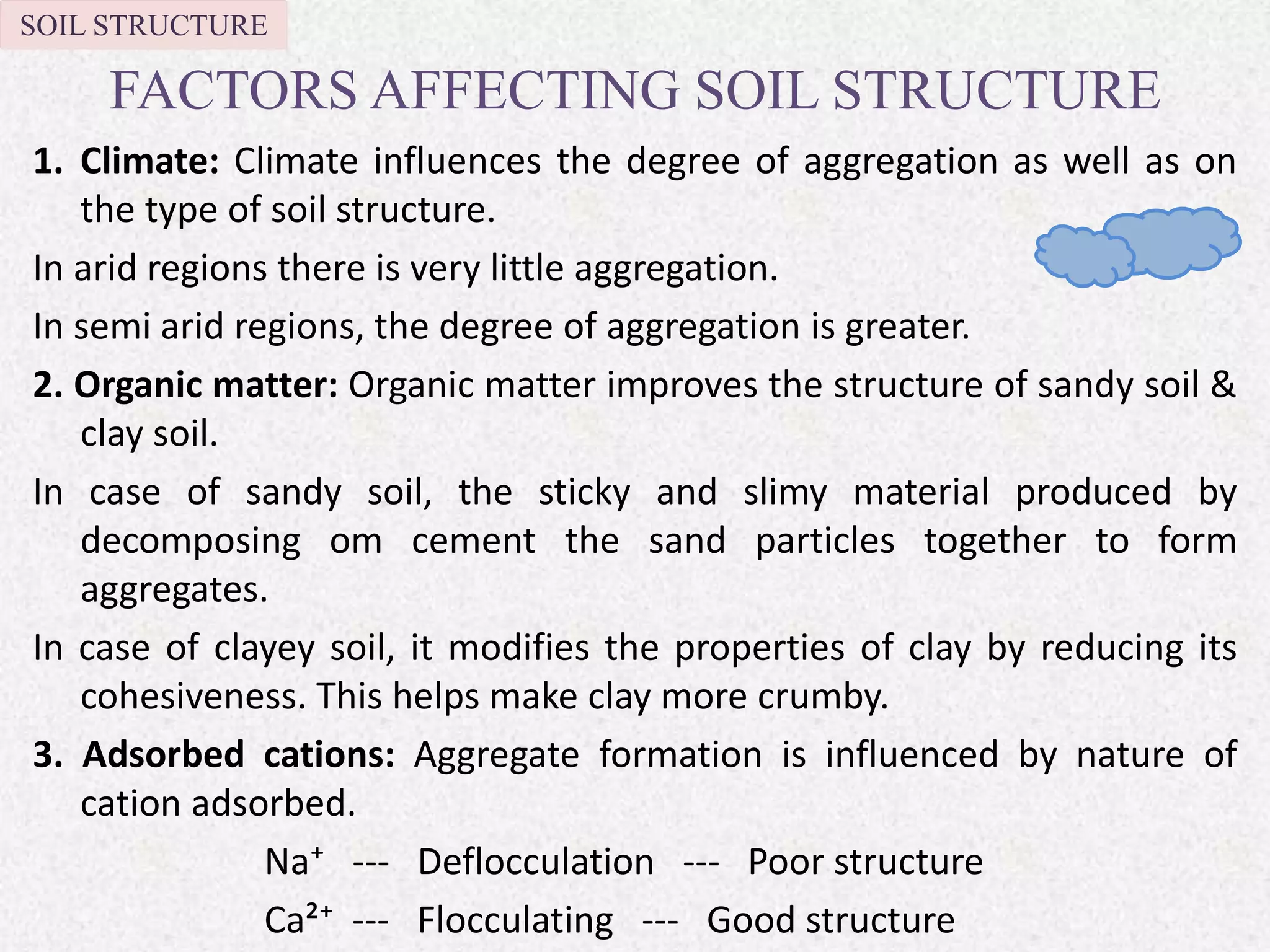 FACTORS AFFECTING SOIL STRUCTURE
1. Climate: Climate influences the degree of aggregation as well as on
the type of soil structure.
In arid regions there is very little aggregation.
In semi arid regions, the degree of aggregation is greater.
2. Organic matter: Organic matter improves the structure of sandy soil &
clay soil.
In case of sandy soil, the sticky and slimy material produced by
decomposing om cement the sand particles together to form
aggregates.
In case of clayey soil, it modifies the properties of clay by reducing its
cohesiveness. This helps make clay more crumby.
3. Adsorbed cations: Aggregate formation is influenced by nature of
cation adsorbed.
Na⁺ --- Deflocculation --- Poor structure
Ca²⁺ --- Flocculating --- Good structure
SOIL STRUCTURE
 
