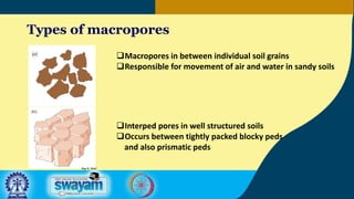 Types of macropores
Macropores in between individual soil grains
Responsible for movement of air and water in sandy soils
Interped pores in well structured soils
Occurs between tightly packed blocky peds
and also prismatic peds
Ray R. Weil
 