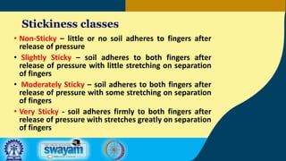 Stickiness classes
• Non-Sticky – little or no soil adheres to fingers after
release of pressure
• Slightly Sticky – soil adheres to both fingers after
release of pressure with little stretching on separation
of fingers
• Moderately Sticky – soil adheres to both fingers after
release of pressure with some stretching on separation
of fingers
• Very Sticky - soil adheres firmly to both fingers after
release of pressure with stretches greatly on separation
of fingers
 