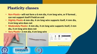 Plasticity classes
• Non-Plastic– will not form a 6 mm dia, 4 cm long wire, or if formed ,
can not support itself if held on end
• Slightly Plastic–6 mm dia, 4 cm long wire supports itself, 4 mm dia,
4 cm long wire does not
• Moderately Plastic– 4 mm dia, 4 cm long wire supports itself, 2 mm
dia, 4 cm long wire does not
• Very Plastic– 2 mm dia, 4 cm long wire
http://www.engr.uconn.edu
 