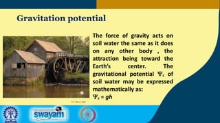 Gravitation potential
The force of gravity acts on
soil water the same as it does
on any other body , the
attraction being toward the
Earth’s center. The
gravitational potential Yg of
soil water may be expressed
mathematically as:
Yg = gh
P.C: Ray R. Weil
 