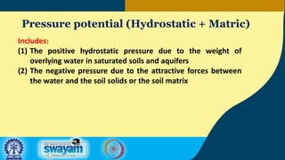 Pressure potential (Hydrostatic + Matric)
Includes:
(1) The positive hydrostatic pressure due to the weight of
overlying water in saturated soils and aquifers
(2) The negative pressure due to the attractive forces between
the water and the soil solids or the soil matrix
 