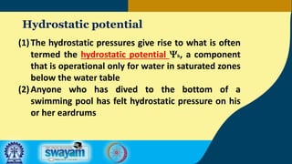 Hydrostatic potential
(1)The hydrostatic pressures give rise to what is often
termed the hydrostatic potential Yh, a component
that is operational only for water in saturated zones
below the water table
(2)Anyone who has dived to the bottom of a
swimming pool has felt hydrostatic pressure on his
or her eardrums
 