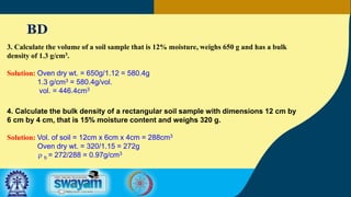 BD
3. Calculate the volume of a soil sample that is 12% moisture, weighs 650 g and has a bulk
density of 1.3 g/cm3.
Solution: Oven dry wt. = 650g/1.12 = 580.4g
1.3 g/cm3 = 580.4g/vol.
vol. = 446.4cm3
4. Calculate the bulk density of a rectangular soil sample with dimensions 12 cm by
6 cm by 4 cm, that is 15% moisture content and weighs 320 g.
Solution: Vol. of soil = 12cm x 6cm x 4cm = 288cm3
Oven dry wt. = 320/1.15 = 272g
r b = 272/288 = 0.97g/cm3
 