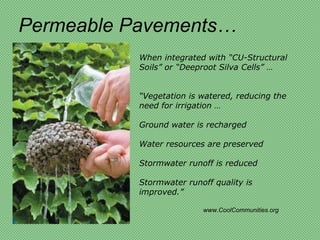 Permeable Pavements…
           When integrated with “CU-Structural
           Soils” or “Deeproot Silva Cells” …


           “Vegetation is watered, reducing the
           need for irrigation …

           Ground water is recharged

           Water resources are preserved

           Stormwater runoff is reduced

           Stormwater runoff quality is
           improved.”

                          www.CoolCommunities.org
 