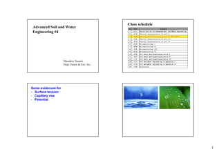 1
Advanced Soil and Water
Engineering #4
Masahiro Tasumi
Dept. Forest & Env. Sci.
Class schedule
No. Date Contents
1 4/11 Course outline for Advanced Soil and Water Engineering
2 4/18 Physical characteristics of soil I
3 4/25 Physical characteristics of soil II (NO CLASS)
4 5/9 Physical characteristics of soil III
5 5/16 Physical characteristics of soil IV
6 5/23 Micrometeorology I
7 5/30 Micrometeorology II
8 6/6 Micrometeorology III
9 6/13 Micrometeorology IV
10 6/20 Soil water and Evapotranspiration I
11 6/27 Soil water and Evapotranspiration II
12 7/4 Soil water and Evapotranspiration III
13 7/11 Soil and water engineering in operation I
14 7/18 Soil and water engineering in operation II
15 7/25 Discussions
Some evidences for
- Surface tension
- Capillary rise
- Potential
 