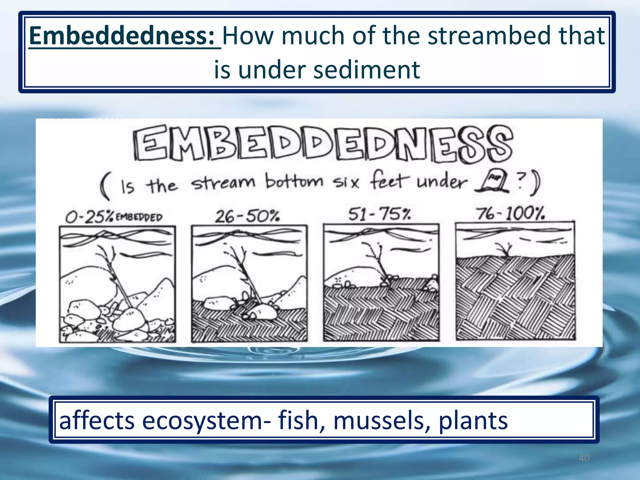40
Embeddedness: How much of the streambed that
is under sediment
affects ecosystem- fish, mussels, plants
 