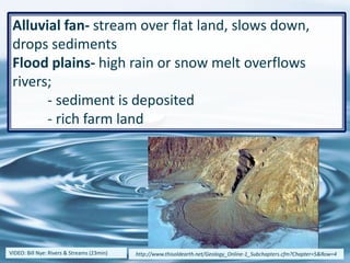 Alluvial fan- stream over flat land, slows down,
drops sediments
Flood plains- high rain or snow melt overflows
rivers;
- sediment is deposited
- rich farm land
21
http://www.thisoldearth.net/Geology_Online-1_Subchapters.cfm?Chapter=5&Row=4VIDEO: Bill Nye: Rivers & Streams (23min)
 