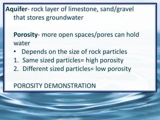 Aquifer- rock layer of limestone, sand/gravel
that stores groundwater
Porosity- more open spaces/pores can hold
water
• Depends on the size of rock particles
1. Same sized particles= high porosity
2. Different sized particles= low porosity
POROSITY DEMONSTRATION
25
 