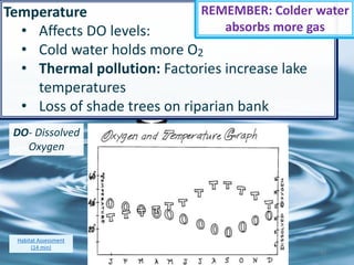 43
DO- Dissolved
Oxygen
Temperature
• Affects DO levels:
• Cold water holds more O
• Thermal pollution: Factories increase lake
temperatures
• Loss of shade trees on riparian bank
REMEMBER: Colder water
absorbs more gas
2
Habitat Assessment
(14 min)
 