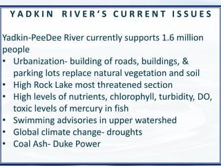 57
Y A D K I N R I V E R ‘ S C U R R E N T I S S U E S
Yadkin-PeeDee River currently supports 1.6 million
people
• Urbanization- building of roads, buildings, &
parking lots replace natural vegetation and soil
• High Rock Lake most threatened section
• High levels of nutrients, chlorophyll, turbidity, DO,
toxic levels of mercury in fish
• Swimming advisories in upper watershed
• Global climate change- droughts
• Coal Ash- Duke Power
 