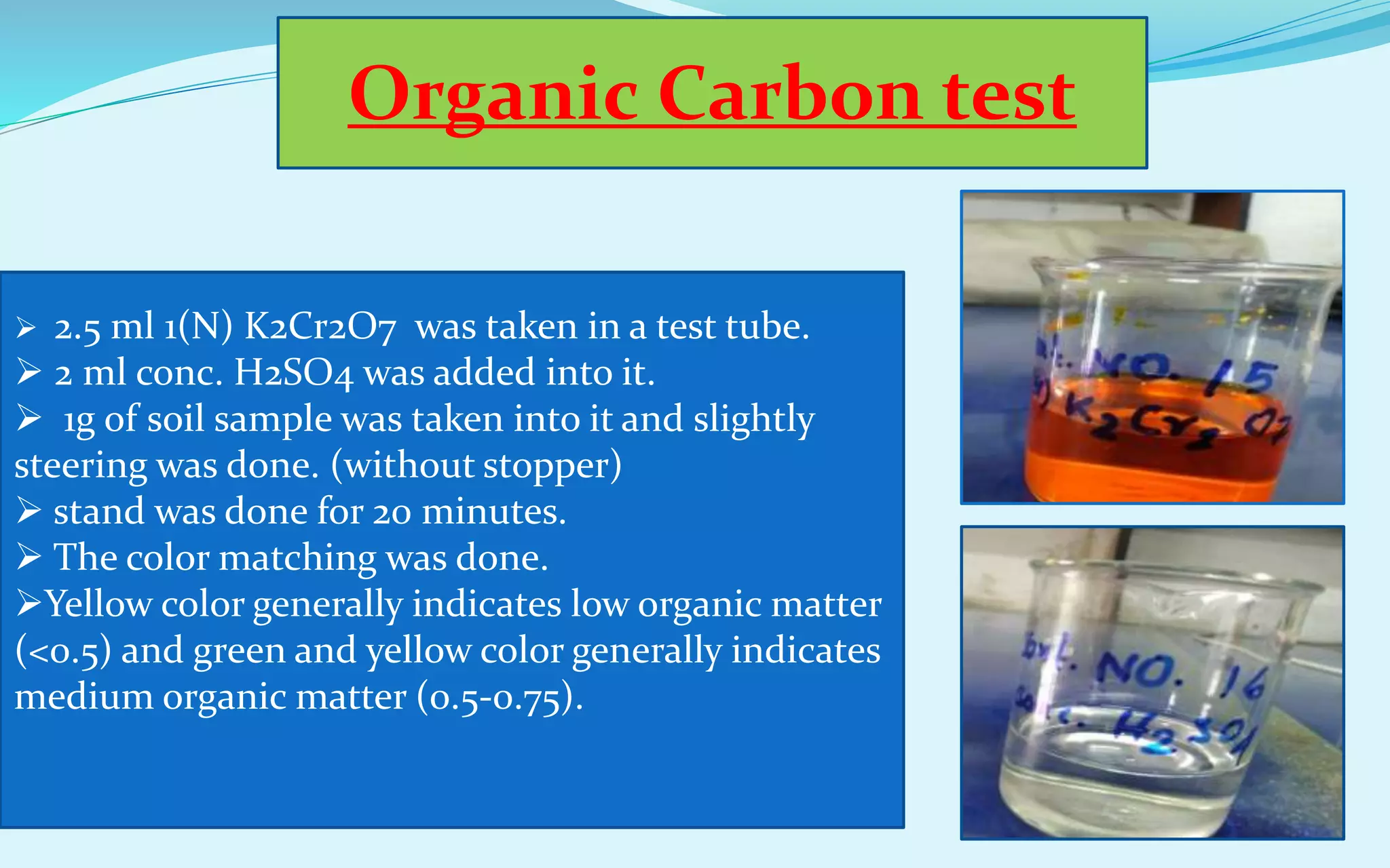  2.5 ml 1(N) K2Cr2O7 was taken in a test tube.
 2 ml conc. H2SO4 was added into it.
 1g of soil sample was taken into it and slightly
steering was done. (without stopper)
 stand was done for 20 minutes.
 The color matching was done.
Yellow color generally indicates low organic matter
(<0.5) and green and yellow color generally indicates
medium organic matter (0.5-0.75).
Organic Carbon test
 