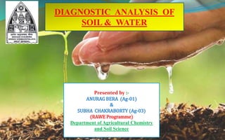 DIAGNOSTIC ANALYSIS OF
SOIL & WATER
Presented by :-
ANURAG BERA (Ag-01)
&
SUBHA CHAKRABORTY (Ag-03)
(RAWE Programme)
Department of Agricultural Chemistry
and Soil Science
 