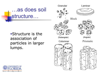 …as does soil
structure… Block
Prismatic
Structure is the
association of
particles in larger
lumps.
 