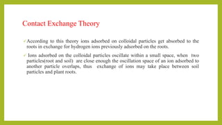 Contact Exchange Theory
According to this theory ions adsorbed on colloidal particles get absorbed to the
roots in exchange for hydrogen ions previously adsorbed on the roots.
 Ions adsorbed on the colloidal particles oscillate within a small space, when two
particles(root and soil) are close enough the oscillation space of an ion adsorbed to
another particle overlaps, thus exchange of ions may take place between soil
particles and plant roots.
 