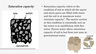 Saturation capacity • Saturation capacity refers to the
condition of soil at which all the macro
and micro pores are filled with water
and the soil is at maximum water
retention capacity”. The matric suction
at this condition is essentially zero as
the water is in equilibrium with free
water. Excess water above saturation
capacity of soil is lost from root zone as
gravitational water.
 