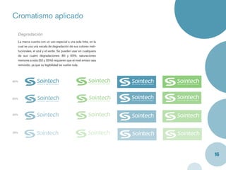 Cromatismo aplicado

      Degradación
      La marca cuenta con un uso especial a una sola tinta, en la
      cual se usa una escala de degradación de sus colores insti-
      tucionales, el azul y el verde. Se pueden usar en cualquiera
      de sus cuatro degradaciones: 80 y 65%, saturaciones
      menores a esta (50 y 35%) requieren que el nivel emisor sea
      removido, ya que su legibilidad se vuelve nula.




80%




65%




50%




35%




                                                                     16
 