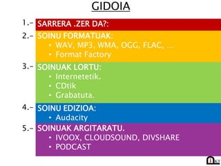 GIDOIA
1.- SARRERA .ZER DA?:
2.- SOINU FORMATUAK:
      • WAV, MP3, WMA, OGG, FLAC, …
      • Format Factory
3.- SOINUAK LORTU:
      • Internetetik.
      • CDtik
      • Grabatuta.
4.- SOINU EDIZIOA:
      • Audacity
5.- SOINUAK ARGITARATU.
      • IVOOX, CLOUDSOUND, DIVSHARE
      • PODCAST
 