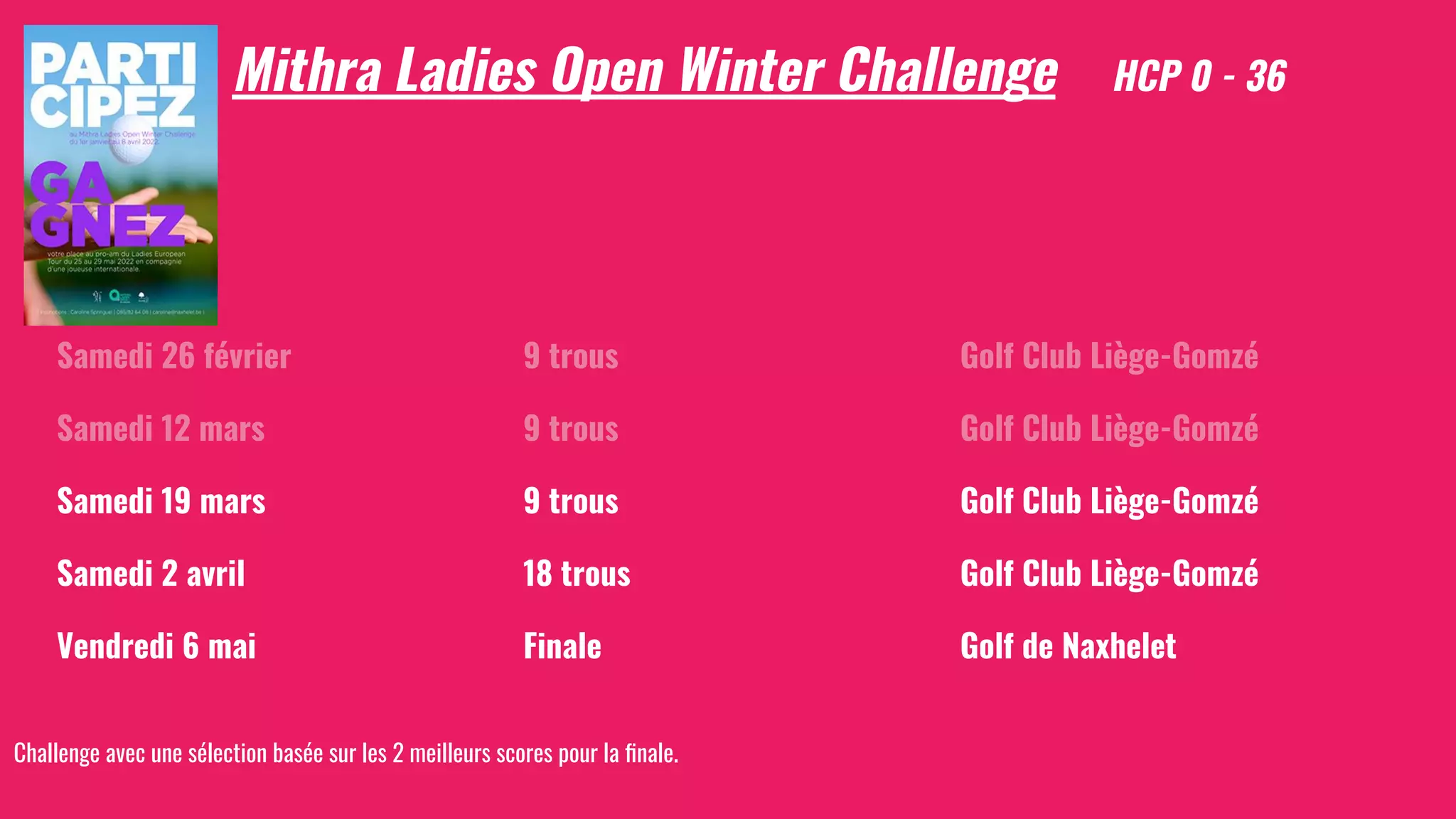 Mithra Ladies Open Winter Challenge HCP 0 - 36
Samedi 26 février 9 trous Golf Club Liège-Gomzé
Samedi 12 mars 9 trous Golf Club Liège-Gomzé
Samedi 19 mars 9 trous Golf Club Liège-Gomzé
Samedi 2 avril 18 trous Golf Club Liège-Gomzé
Vendredi 6 mai Finale Golf de Naxhelet
Challenge avec une sélection basée sur les 2 meilleurs scores pour la ﬁnale.
 