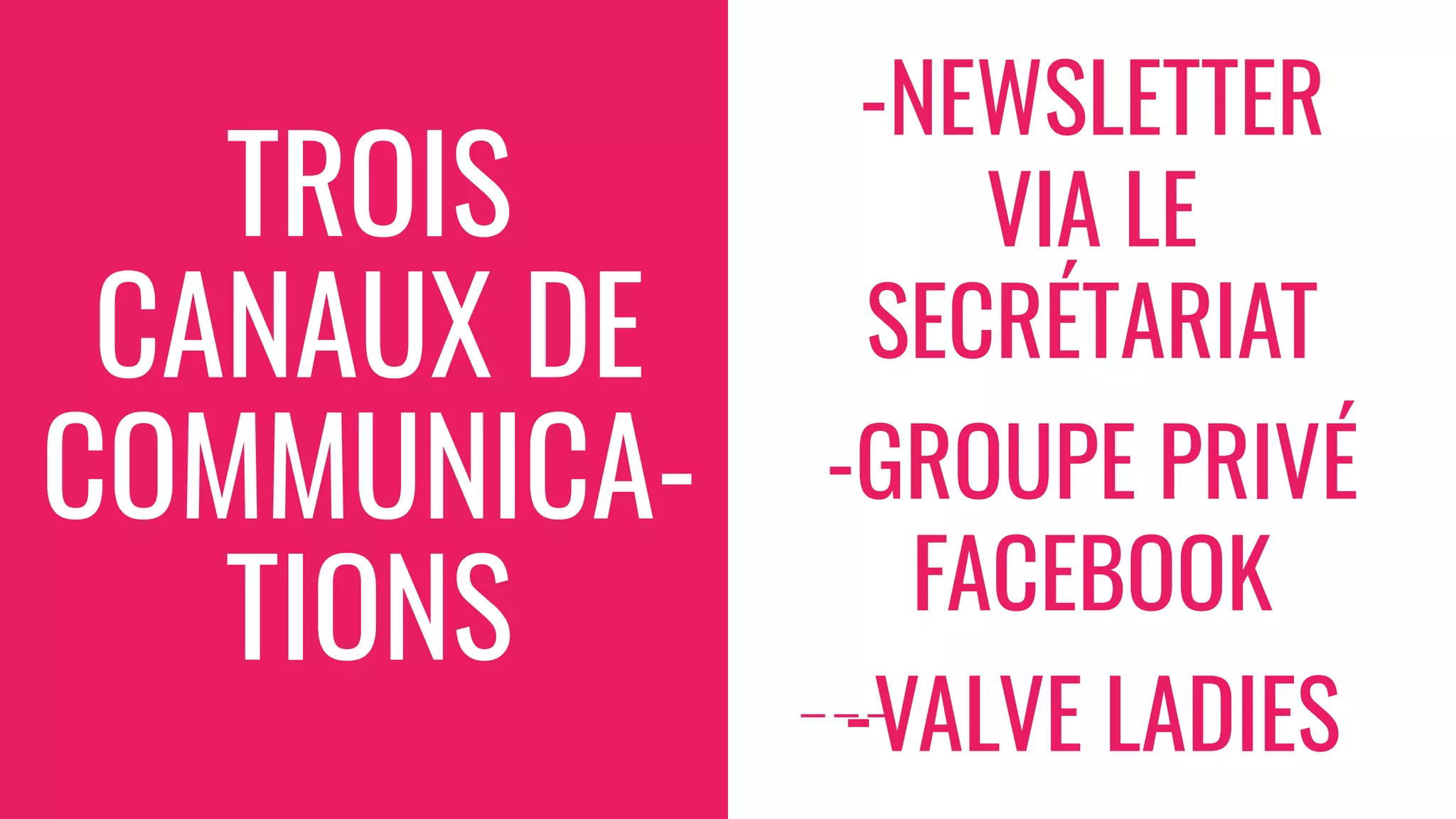 TROIS
CANAUX DE
COMMUNICA-
TIONS
-NEWSLETTER
VIA LE
SECRÉTARIAT
-GROUPE PRIVÉ
FACEBOOK
-VALVE LADIES
 