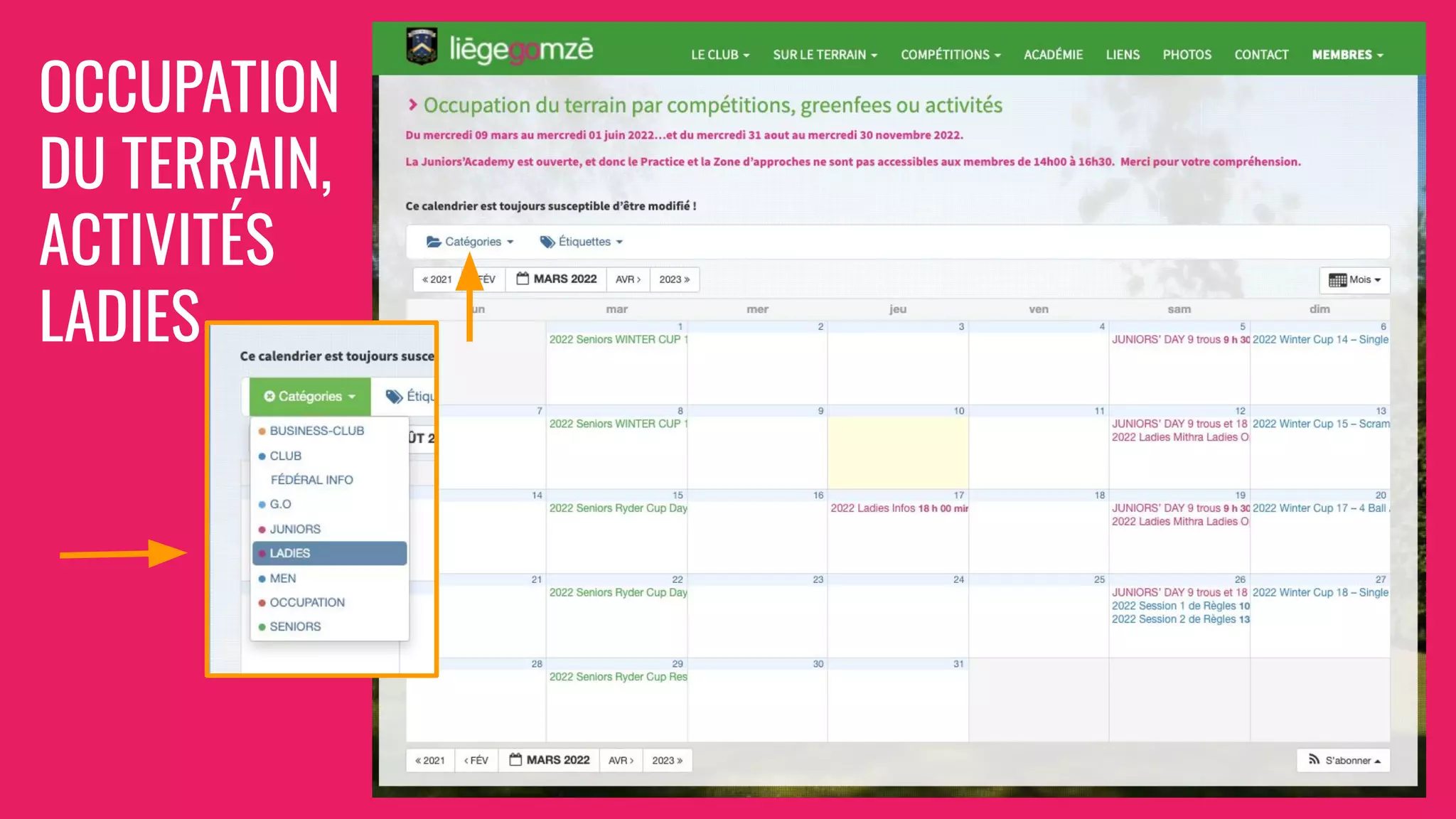 OCCUPATION
DU TERRAIN,
ACTIVITÉS
LADIES
 