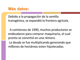 Debido a la propagación de la semilla
transgénica, se expandió la frontera agrícola.
A comienzos de 1990, muchos productores se
endeudaron para comprar maquinaria, el cual
pronto se convirtió en una rémora.
La deuda se fue multiplicando generando que
millones de hectáreas esten hipotecadas.
Más datos:
 