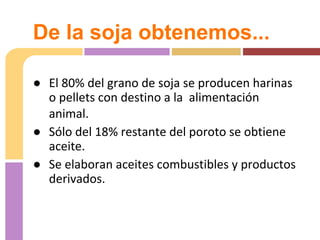 ● El 80% del grano de soja se producen harinas
o pellets con destino a la alimentación
animal.
● Sólo del 18% restante del poroto se obtiene
aceite.
● Se elaboran aceites combustibles y productos
derivados.
De la soja obtenemos...
 