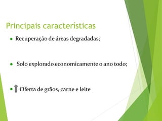 Principais características
● Recuperação de áreas degradadas;
● Solo explorado economicamente o ano todo;
● Oferta de grãos, carne e leite
 