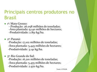 ● 1º: Mato Grosso:
- Produção: 26.058 milhões de toneladas;
-Área plantada: 9,140 milhões de hectares;
-Produtividade: 2.851 kg/ha.
● 2º: Paraná:
-Produção: 17,102 milhões de toneladas;
-Área plantada: 5,445 milhões de hectares;
-Produtividade: 3.141 kg/ha.
● 3º: Rio Grande do Sul:
-Produção: 16,201 milhões de toneladas;
-Área plantada: 5,455 milhões de hectares;
-Produtividade: 2.970 kg/ha.
Fonte: CONAB.
Principais centros produtores no
Brasil
 