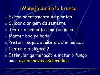 Manejo do mofo branco
o Evitar adensamento de plantas
o Cuidar a origem da semente
o Tratar a semente com fungicida
o Manter boa palhada
o Preferir soja de hábito determinado
o Controle biológico ?
o Estimular germinação e matar o fungo
 para evitar novos escleródios
 