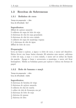 1 A soja                                   1.3 Receitas de Sobremesas


1.3      Receitas de Sobremesas
1.3.1      Bolinhos de coco
Tempo de prepara¸˜o: 30m
                ca
Grau de diﬁculdade: f´cil
                     a

Ingredientes:
200ml de a¸ucar amarelo
           c´
5 colheres de sopa de leite de soja
2 ch´venas de ch´ de soja granulada
    a            a
3 ch´venas de ch´ de coco ralado
    a            a
4 colheres de sopa de manteiga vegana
  1
2 2 ch´venas de ch´ de ´gua
      a            a     a
200ml de leite de coco

Prepara¸˜o:
          ca
Leva ao lume o a¸ucar, a ´gua e o leite de coco, e mexe at´ dissolver.
                  c´       a                                e
Deixa ferver em lume baixo durante 20 minutos sem mexer, adiciona
o leite de soja, a soja e o coco ralado, e mexe at´ se soltar do fundo
                                                  e
da panela. Apaga o lume e acrescenta a manteiga, e mexe at´ ﬁcare
homog´neo. Molda as bolinhas passa por a¸ucar e coloca em formas de
       e                                   c´
papel.

1.3.2      Bolo de banana e ma¸˜
                              ca
Tempo de prepara¸˜o: 45m
                ca
Grau de diﬁculdade: m´dio
                     e

Ingredientes:
3 ch´venas de farinha de trigo
    a
2 ch´venas de a¸ucar amarelo
    a           c´
2 colheres de ch´ de canela
                a
1 colher de ch´ de fermento em p´
              a                 o
2 ch´venas de leite de soja
    a
1
2 ch´vena de passas
    a
1
2 ch´vena de ´leo
    a         o

                                 17
 
