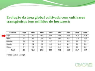 Evolução da área global cultivada com cultivares
transgênicas (em milhões de hectares):
Fonte: James (2004).
 