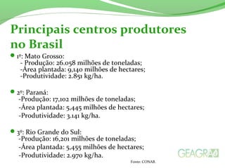 1º: Mato Grosso:
- Produção: 26.058 milhões de toneladas;
-Área plantada: 9,140 milhões de hectares;
-Produtividade: 2.851 kg/ha.
2º: Paraná:
-Produção: 17,102 milhões de toneladas;
-Área plantada: 5,445 milhões de hectares;
-Produtividade: 3.141 kg/ha.
3º: Rio Grande do Sul:
-Produção: 16,201 milhões de toneladas;
-Área plantada: 5,455 milhões de hectares;
-Produtividade: 2.970 kg/ha.
Principais centros produtores
no Brasil
Fonte: CONAB.
 
