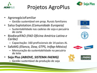Projetos AgroPlus
• AgronegócioFamiliar
– Gestão sustentável em prop. Rurais familiares
• Salsa Explotation (Comunidade Europeia)
– Sustentabilidade nas cadeias de soja e pecuária
de corte
• BiodieselFAO (FAO Oficina América Latina e
Caribe)
– Capacitação: 160 profissionais de 14 países AL
• SafaMG (Elanco, Dow, GTPS, Inifap-México)
– Mensuração da sustentabilidade na pecuária
de leite
• Soja Plus (ABIOVE, SISTEMA FAEMG)
– Gestão sustentável da produção de soja
 