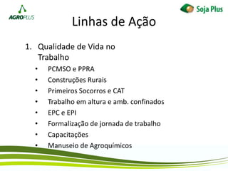 1. Qualidade de Vida no
Trabalho
• PCMSO e PPRA
• Construções Rurais
• Primeiros Socorros e CAT
• Trabalho em altura e amb. confinados
• EPC e EPI
• Formalização de jornada de trabalho
• Capacitações
• Manuseio de Agroquímicos
Linhas de Ação
 