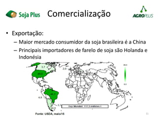 • Exportação:
– Maior mercado consumidor da soja brasileira é a China
– Principais importadores de farelo de soja são Holanda e
Indonésia
11
Comercialização
 
