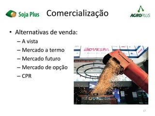• Alternativas de venda:
– A vista
– Mercado a termo
– Mercado futuro
– Mercado de opção
– CPR
17
Comercialização
 