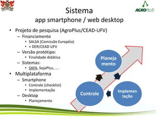 Sistema
app smartphone / web desktop
• Projeto de pesquisa (AgroPlus/CEAD-UFV)
– Financiamento
• SALSA (Comissão Européia)
• + DER/CEAD UFV
– Versão protótipo:
• Finalidade didática
– Sistemas:
• SAFA, SojaPlus, ....
• Multiplataforma
– Smartphone
• Controle (checklist)
• Implementação
– Desktop
• Planejamento
Planeja
mento
Implemen
tação
Controle
 