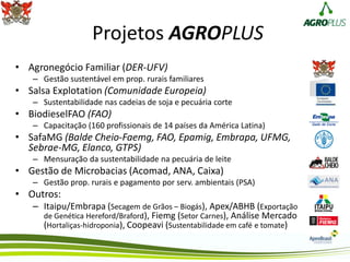 Projetos AGROPLUS
• Agronegócio Familiar (DER-UFV)
– Gestão sustentável em prop. rurais familiares
• Salsa Explotation (Comunidade Europeia)
– Sustentabilidade nas cadeias de soja e pecuária corte
• BiodieselFAO (FAO)
– Capacitação (160 profissionais de 14 países da América Latina)
• SafaMG (Balde Cheio-Faemg, FAO, Epamig, Embrapa, UFMG,
Sebrae-MG, Elanco, GTPS)
– Mensuração da sustentabilidade na pecuária de leite
• Gestão de Microbacias (Acomad, ANA, Caixa)
– Gestão prop. rurais e pagamento por serv. ambientais (PSA)
• Outros:
– Itaipu/Embrapa (Secagem de Grãos – Biogás), Apex/ABHB (Exportação
de Genética Hereford/Braford), Fiemg (Setor Carnes), Análise Mercado
(Hortaliças-hidroponia), Coopeavi (Sustentabilidade em café e tomate)
 