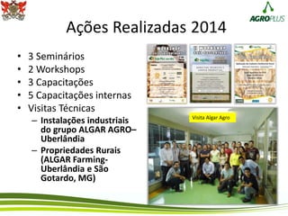 Ações Realizadas 2014
• 3 Seminários
• 2 Workshops
• 3 Capacitações
• 5 Capacitações internas
• Visitas Técnicas
– Instalações industriais
do grupo ALGAR AGRO–
Uberlândia
– Propriedades Rurais
(ALGAR Farming-
Uberlândia e São
Gotardo, MG)
Visita Algar Agro
 